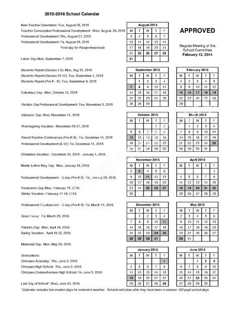 2015 - 2016 School Calendar | Chicopee Public Schools – Chicopee, MA