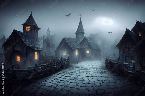 Dark Foggy Gothic Village with Cobblestones and Bats. Halloween Town ...