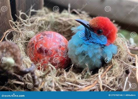 Hummingbird Nest with Fluffy, Blue Eggs and Red Hummingbird Sitting on ...