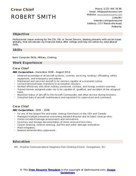 Crew Chief Resume Samples | QwikResume