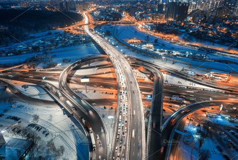 Aerial view of road in the city ~ Transportation Photos ~ Creative Market