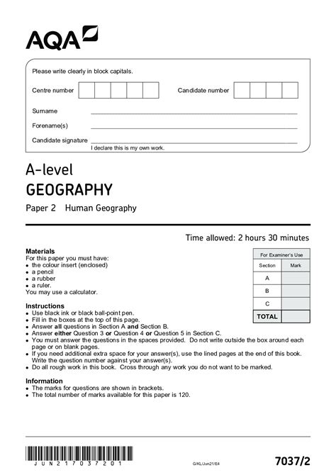 AQA A-level GEOGRAPHY 7037/1 Paper 1 Physical Geography Mark scheme and ...