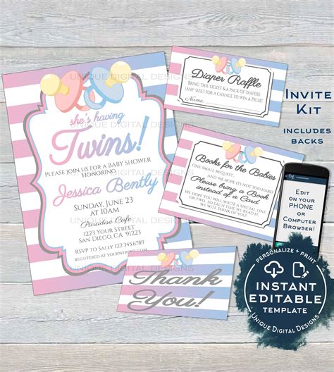 Editable Twins Baby Shower Invitation KIT, Diaper Raffle Books for Bab