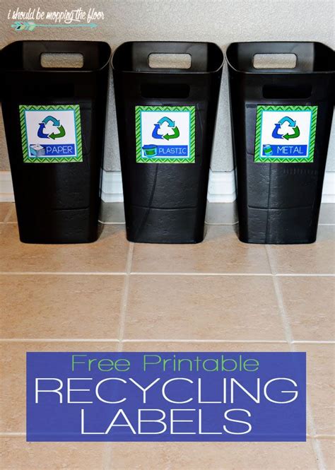 three black trash cans with free printable recycling labels