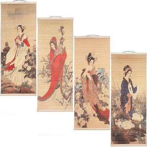 4-Pack Bamboo Asian Woman Hanging Wall Scroll Chinese Picture Art Print ...