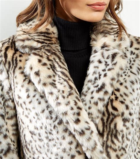 New Look Faux Fur Leopard Print Coat in White - Lyst