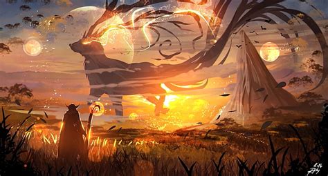 HD wallpaper: anime wallpaper, fantasy art, sunset, digital art, magic ...