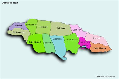 a map of jamaica with all the states and their capital cities in bright ...