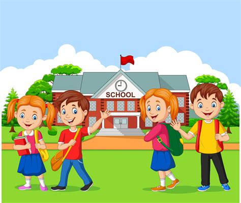 Happy school children in front of the school 8390410 Vector Art at Vecteezy