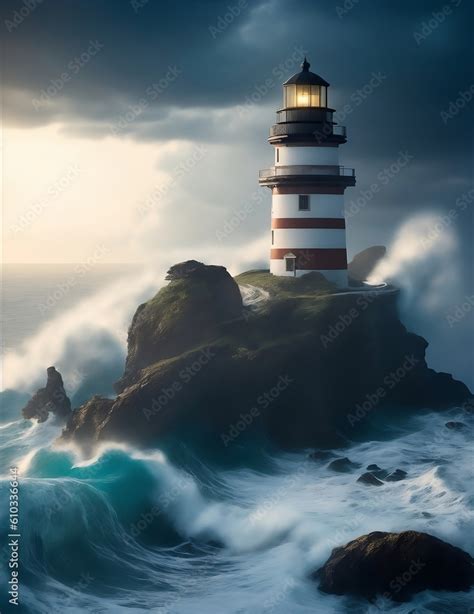 storm, big ocean waves break on the old lighthouse on the rock ...