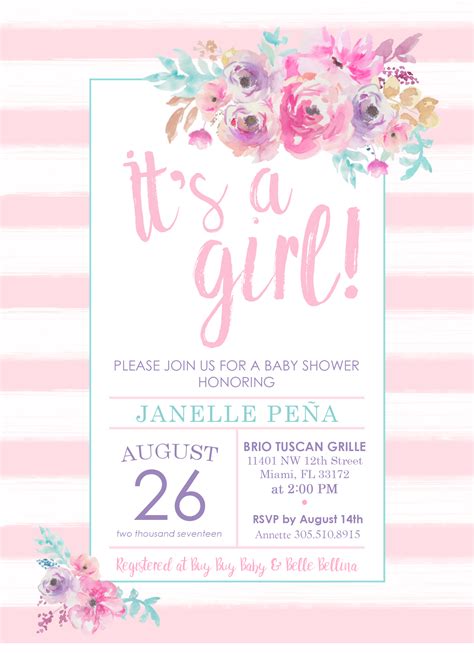 It's A Girl Baby Shower Invitation | Watercolor | Floral | Pink ...