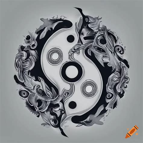 Fantasy styled black and white yin & yang tattoo design on a white ...