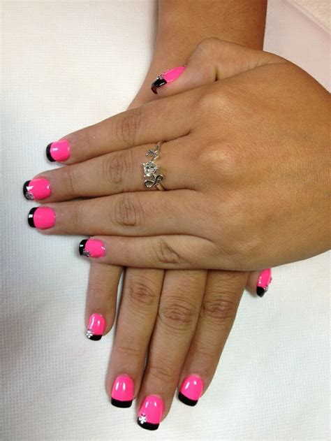 Two Tone French with Hot Pink Polish and Gems | Latest nail trends, Two ...