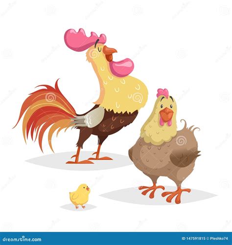 Cute Cartoon Chicken Family. Rooster. Hen And Little Chicken. Farm ...