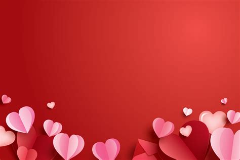 Happy valentines day with paper hearts and copy space on red background ...