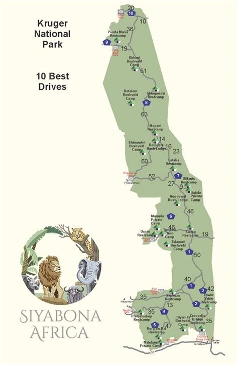 Map of the Ten Best Self-drive Safaris in Kruger Park