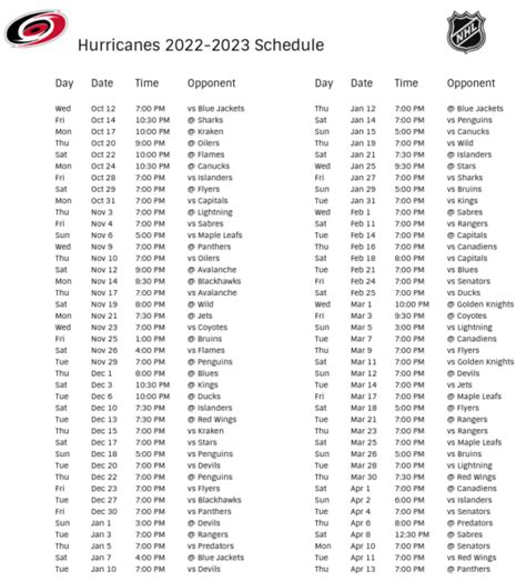 Carolina Hurricanes 2022-23 Season Schedule