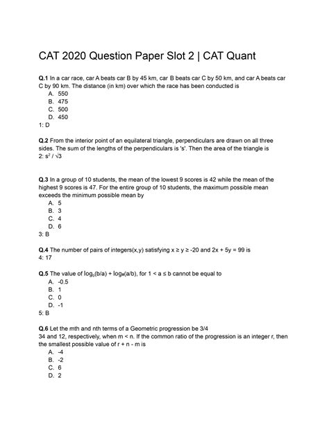 CAT 2020 QA Slot 2 Question Paper with Answer Key PDFs