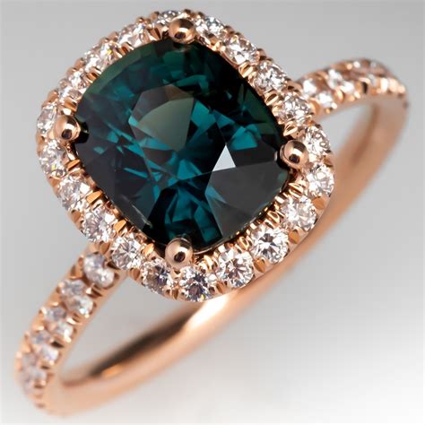 Deep Teal Sapphire Engagement Ring w/ Diamonds 14K Rose Gold | Sapphire ...