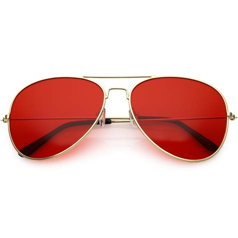 Retro Unisex Large Red Tinted Lens Metal Aviator Sunglasses - zeroUV