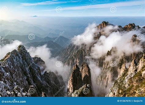 Sunrise Above the Peaks of Huangshan National Park. Stock Photo - Image ...