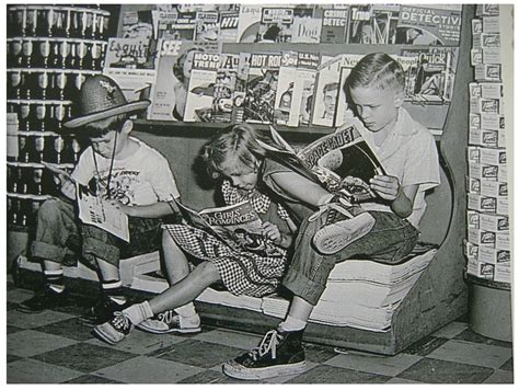 Kids sitting on the newsstand. The girl is reading Girls' Romances #13 ...