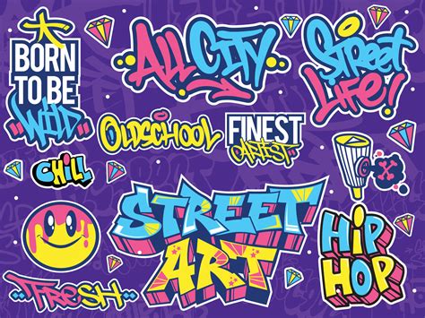 A set of colorful or vibrant graffiti art stickers. Street art theme ...