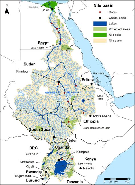 The Nile River basin. including its 11 countries, capital cities, major ...