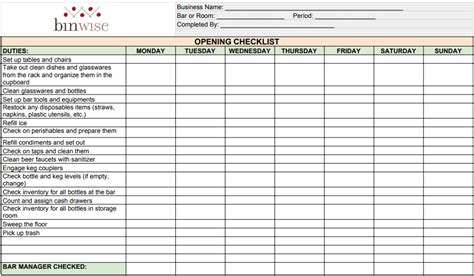 Bar Opening And Closing Checklist [FREE] from BinWise