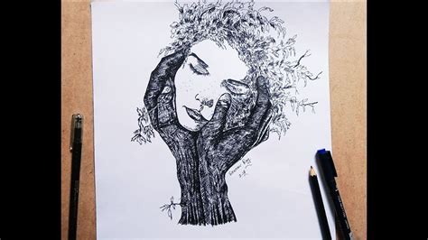 "Tree hand with face" creative imagine tree drawing || simple gel pen ...