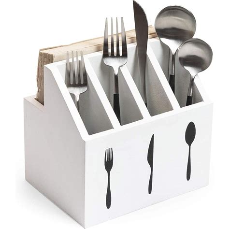 White Wooden Utensil Caddy Holder, Kitchen Silverware Cutlery Organizer ...