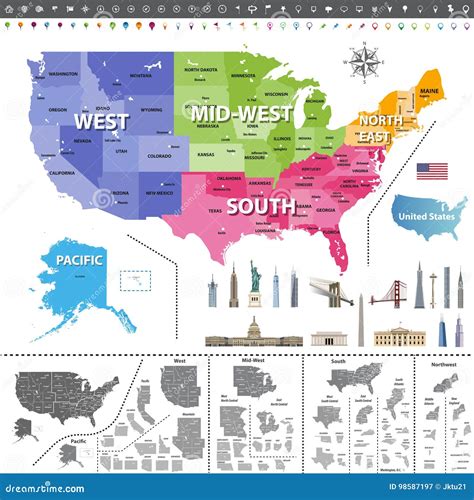 United States of America Map Colored by Regions. Stock Vector ...