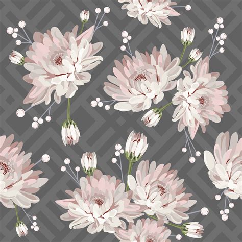 Floral seamless pattern with chrysanthemums on grey geometric ...