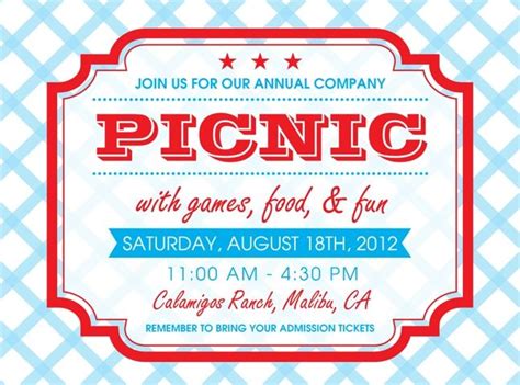 a picnic party flyer with the words picnic on it and an image of a red ...