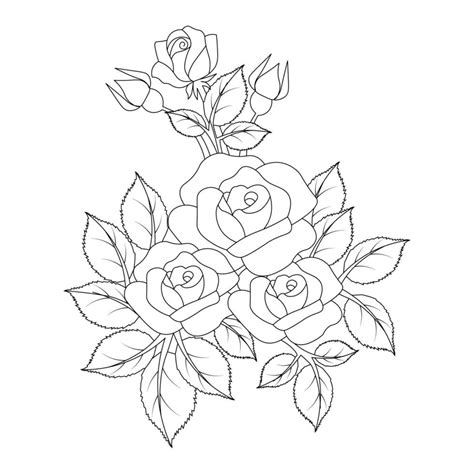 doodle style rose flower drawing of black line art coloring page for ...