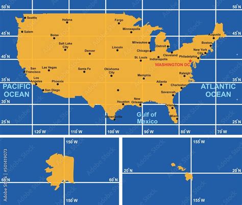 USA map infographic diagram with all surrounding oceans main cities ...