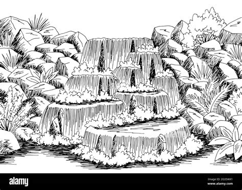 Waterfall graphic black white river landscape sketch illustration ...