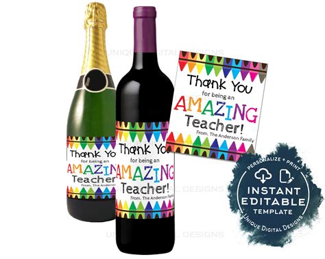 Teacher Appreciation Wine Bottle Label, Editable Wine Label Sticker ...