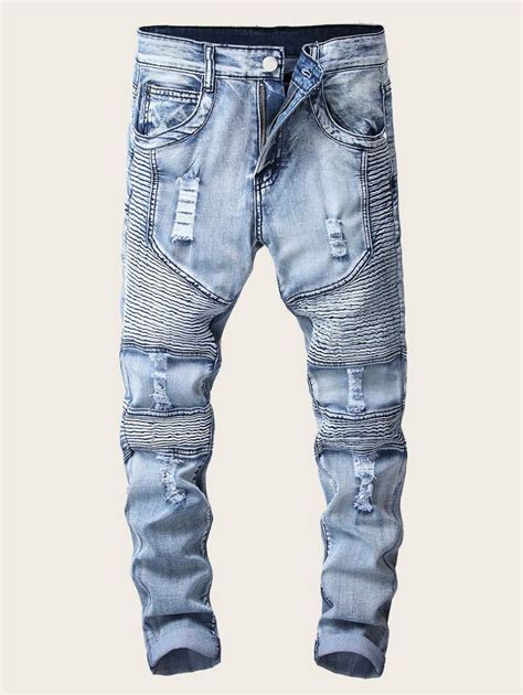 Guys Zipper Ripped Washed Jeans | ROMWE Moto Jeans Mens, Mens Denim ...