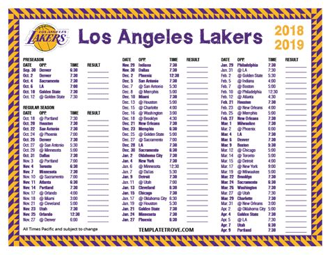 Printable 2018-2019 Los Angeles Lakers Schedule