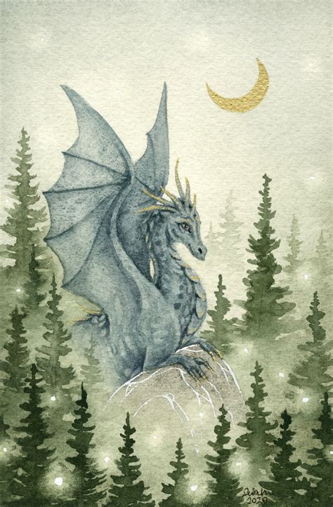 Dragon Art Watercolor Print His Forest Fantasy Art. Pines. - Etsy Canada