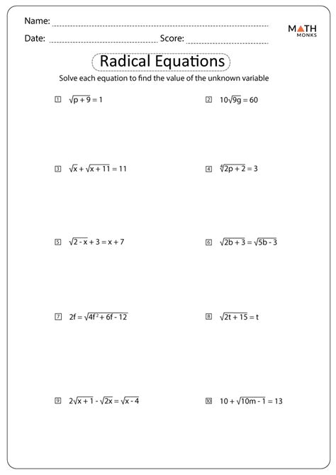 Solving Radical Equations Worksheets - Math Monks