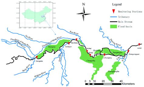 The branches of the Huai River and flood basins in the present study ...