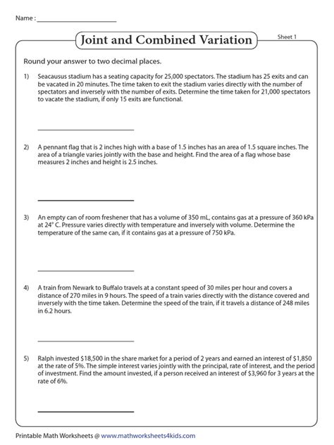 Joint And Combined Variation Worksheet With Answer Key Pdf ...