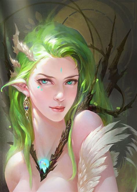 Fantasy girl blue eyes hair long beautiful elf fairy green hair ...