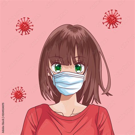 beautiful woman with face mask and covid19 particles anime style Stock ...