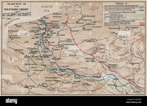 WESTERN FRONT MAIN BATTLE LINES. Vintage map. WW1 First World War ...