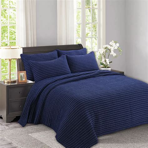 Navy Blue Thicken Bedspread Quilt Set 3pcs Embroidered Cotton Quilts ...