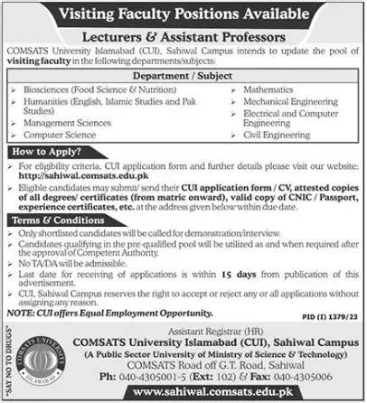 Faculty Positions at COMSATS University Islamabad (CUI) Sahiwal 2023