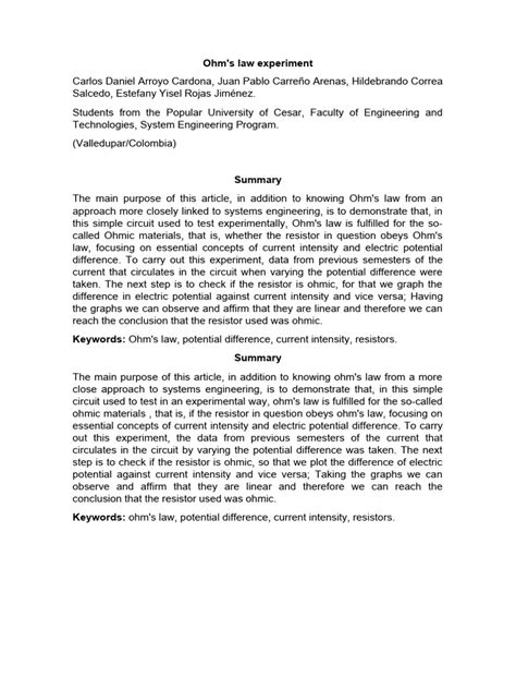 Ohm's Law Experiment | Download Free PDF | Electrical Resistance And ...